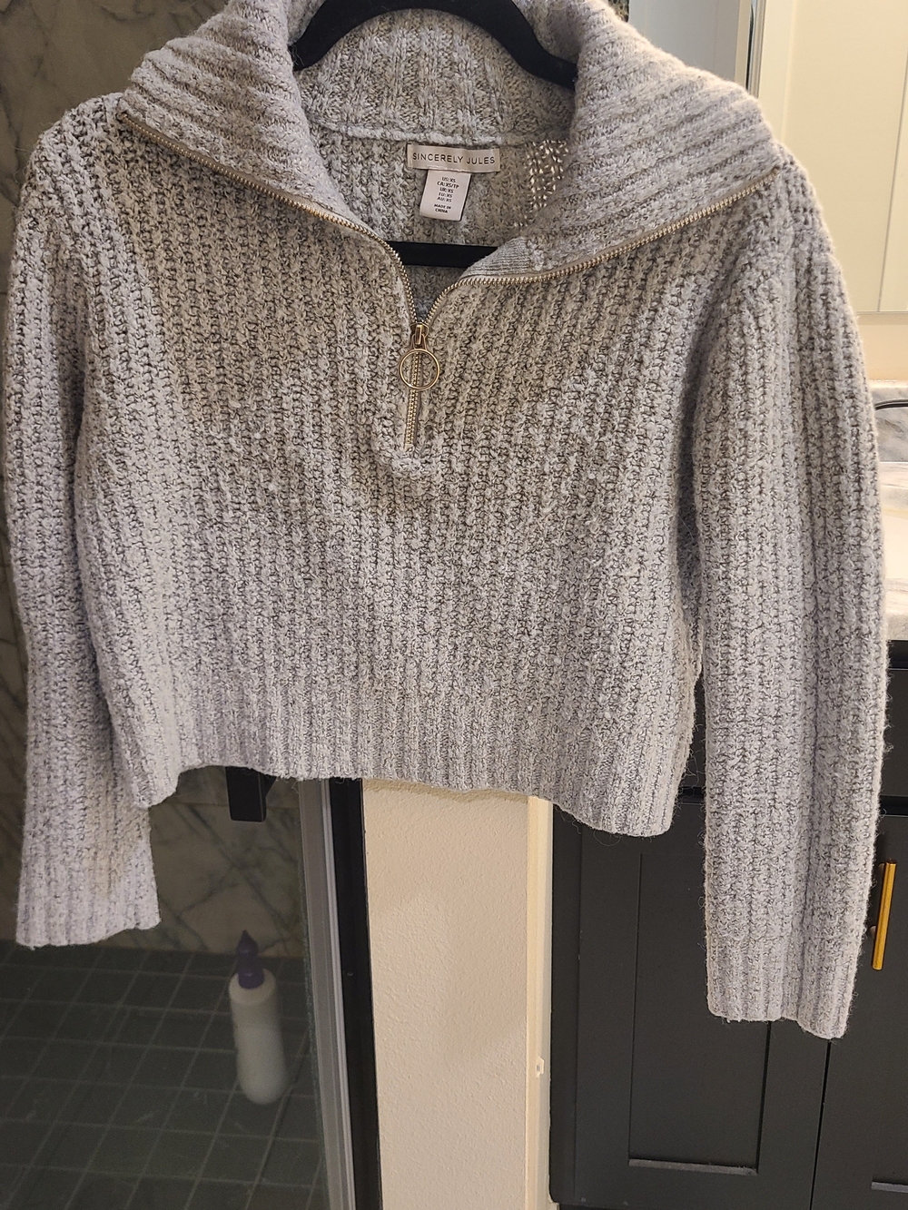 Sincerly Jules Light Gray Cropped Quarter-Zip Turtleneck Sweater